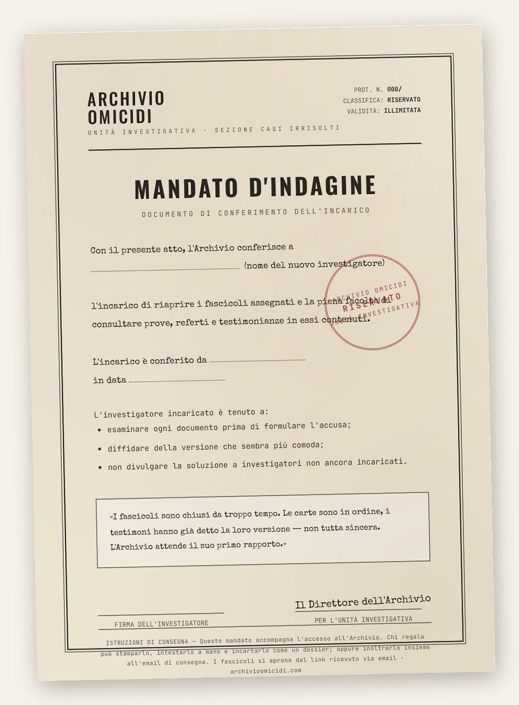 Il Mandato d'Indagine, la pagina da intestare a chi riceve il regalo